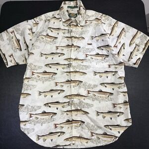 Cabelas Trout Fishing Shirt‎ Men Med Short Sleeve Cotton Button Up Pocket Beige